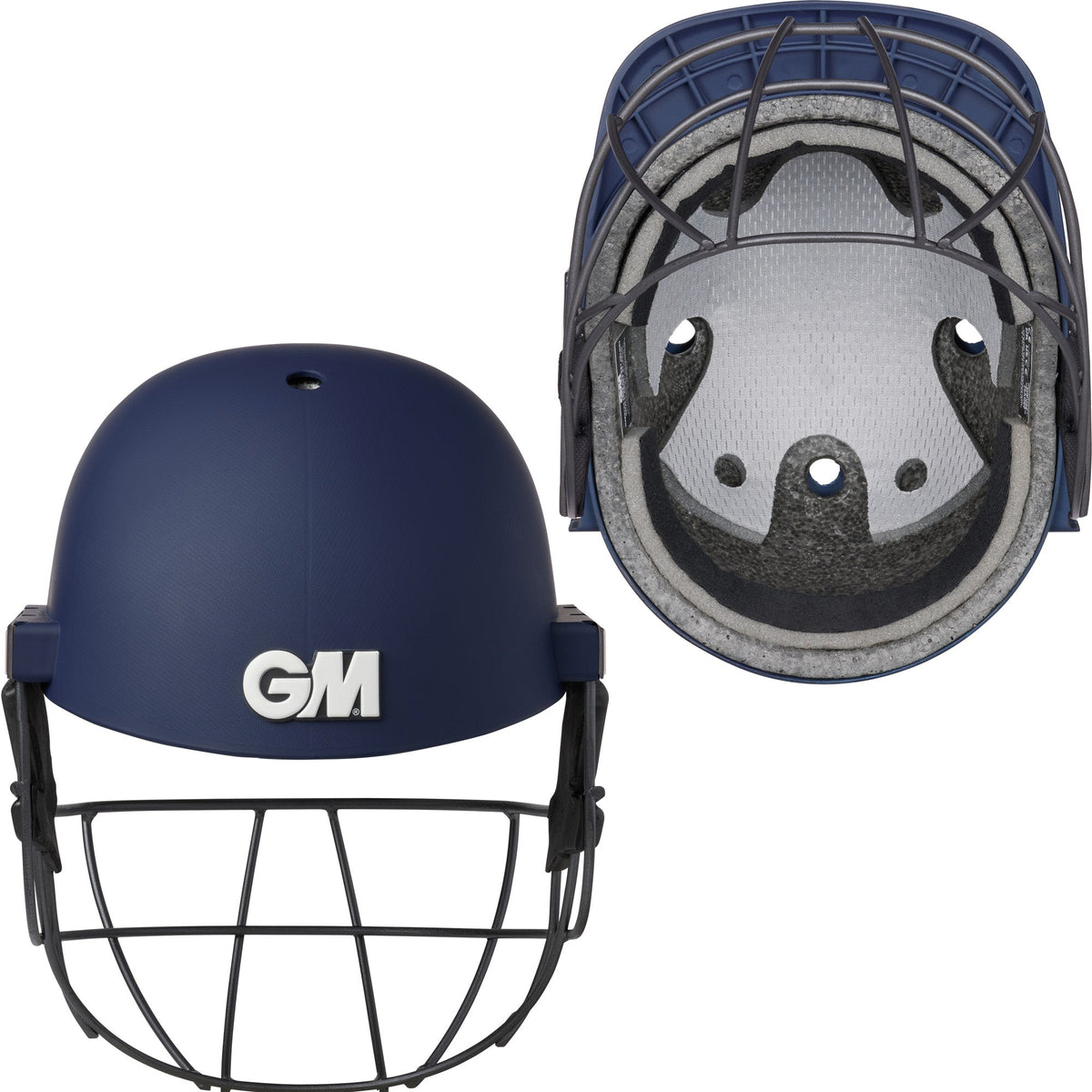 GM Maestro Edge cricket helmet underside and rear showing EPS liner and neck protector mounting