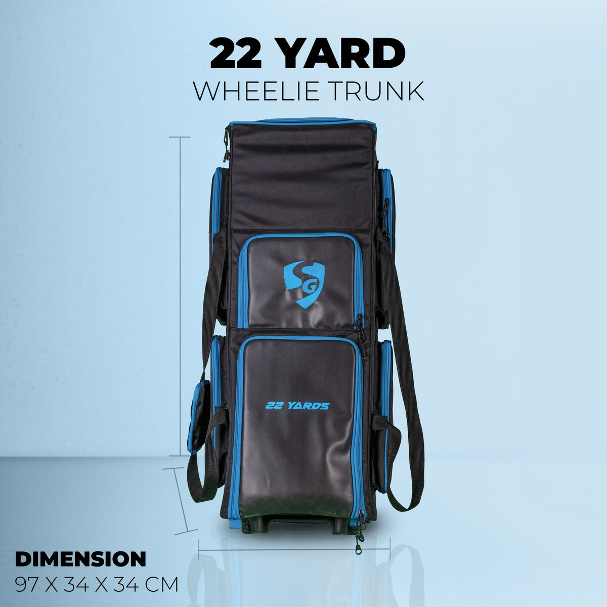 SG 22 Yards wheelie trunk cricket kit bag in black - main side view with wheels
