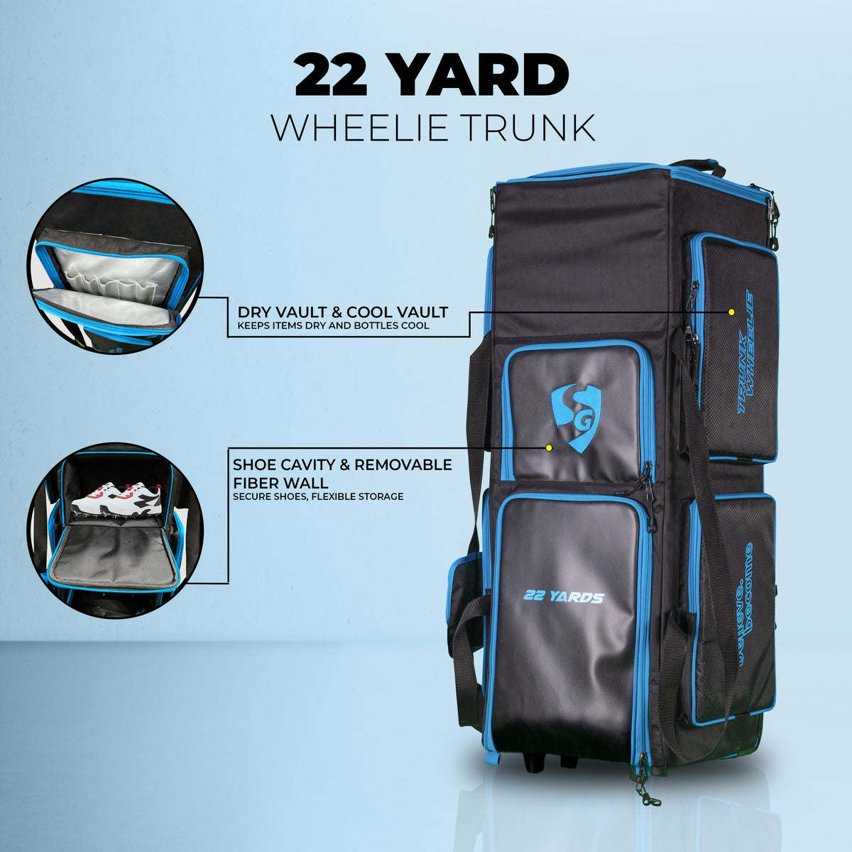 SG 22 Yards wheelie trunk kit bag showing leatherette and matty fabric construction