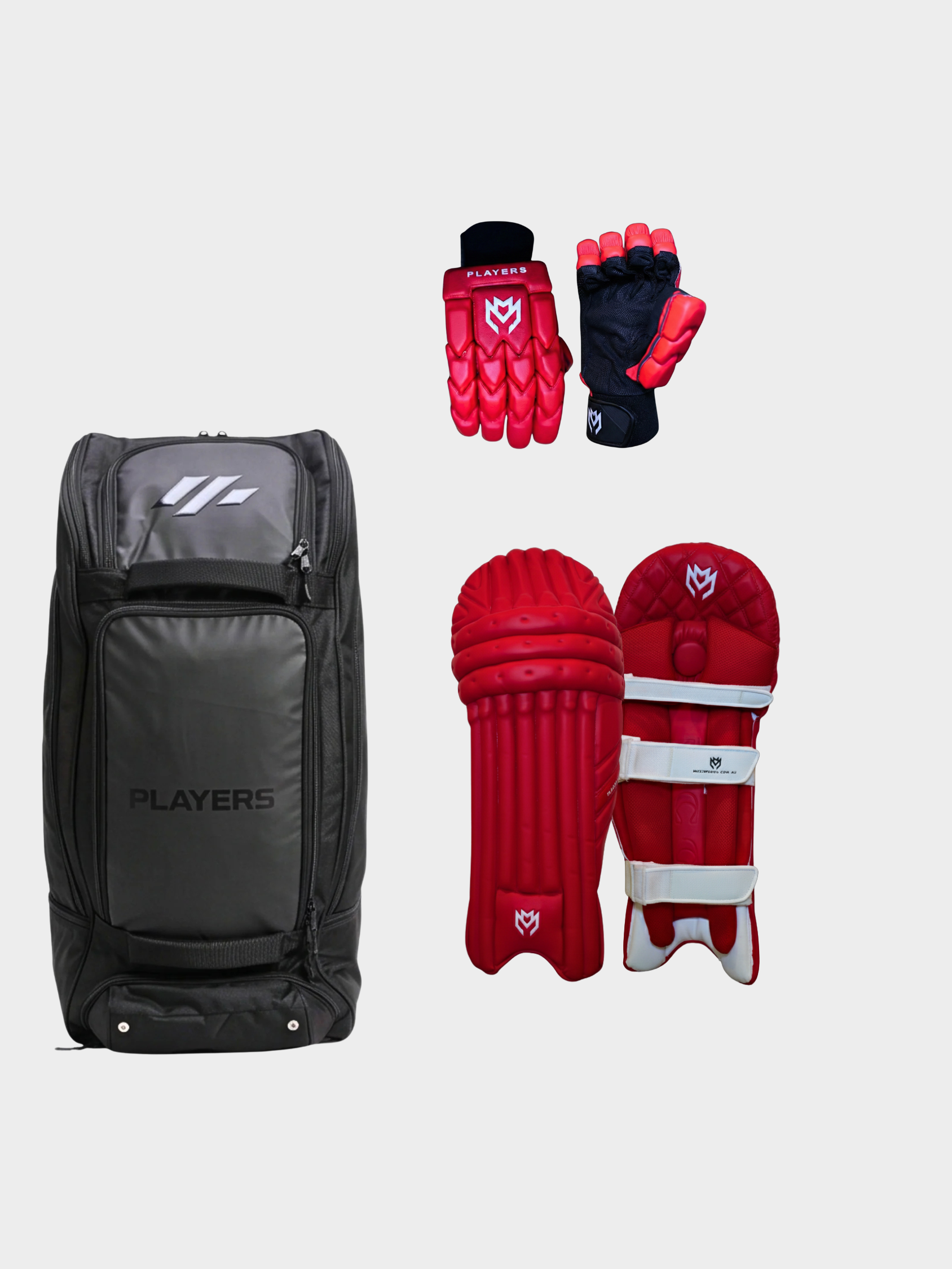 MCG Red Tour Combo – Pads + Gloves + Duffle Kit Bag