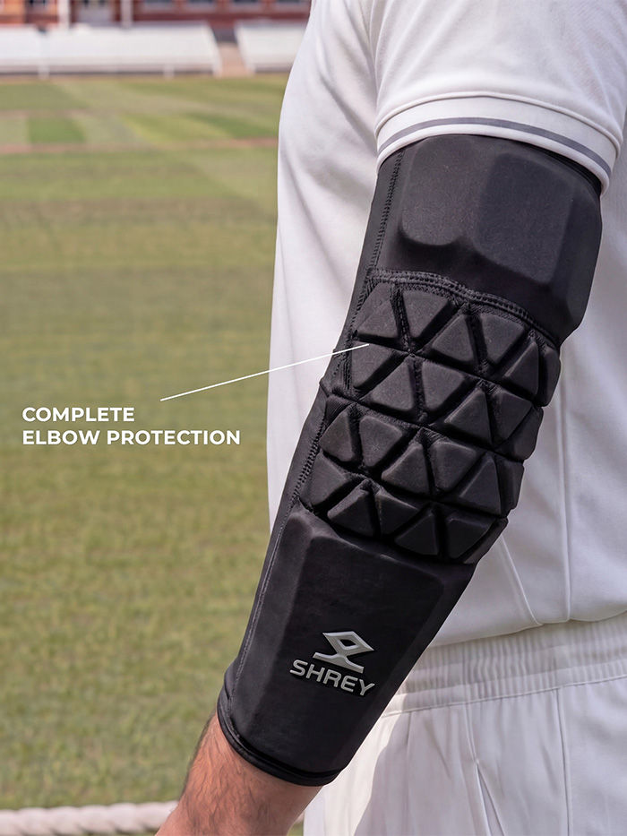 Shrey Legacy arm guard showing Lycra-blend compression sleeve and elastic support