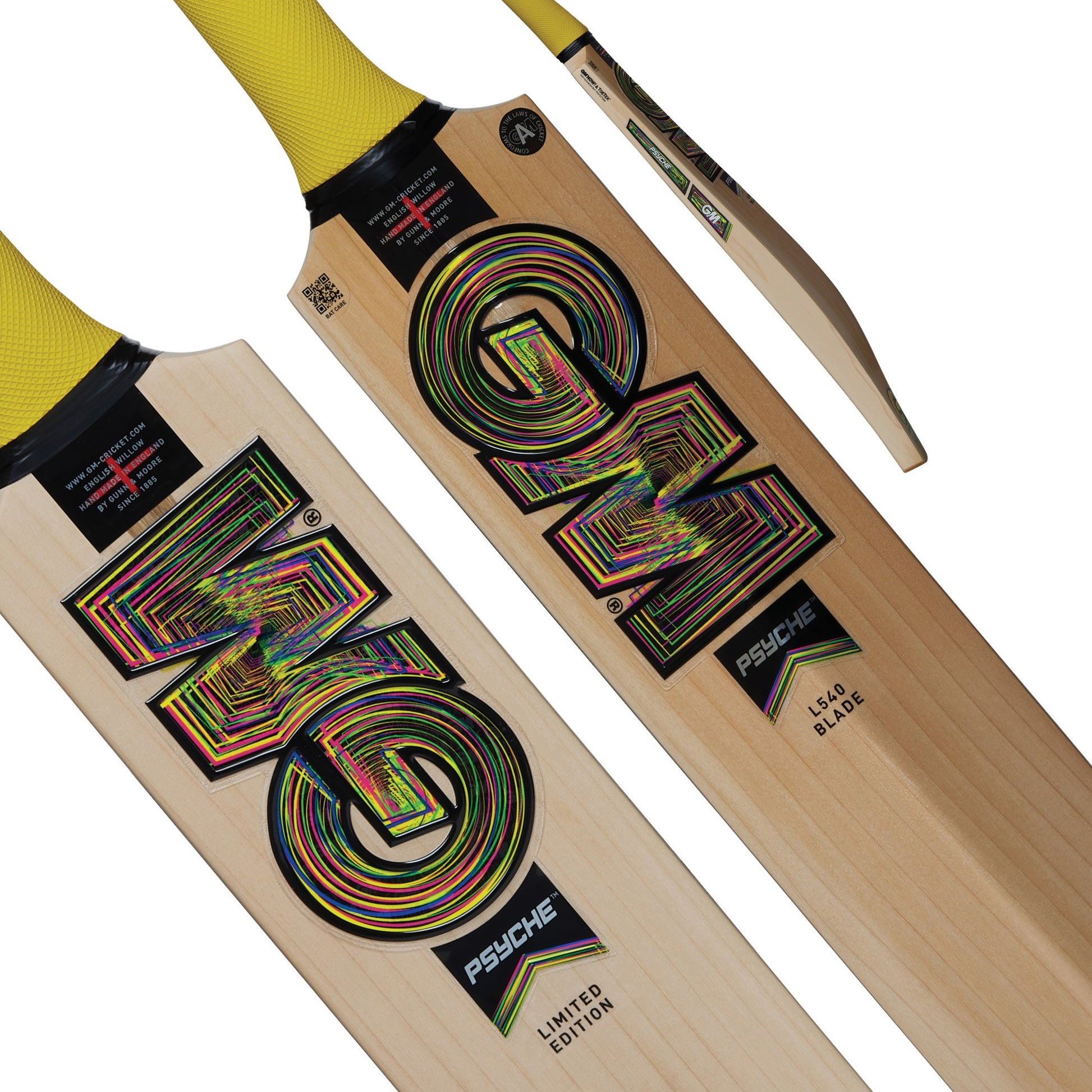 GM Psyche 606 English willow cricket bat, short handle, front face with GM logo