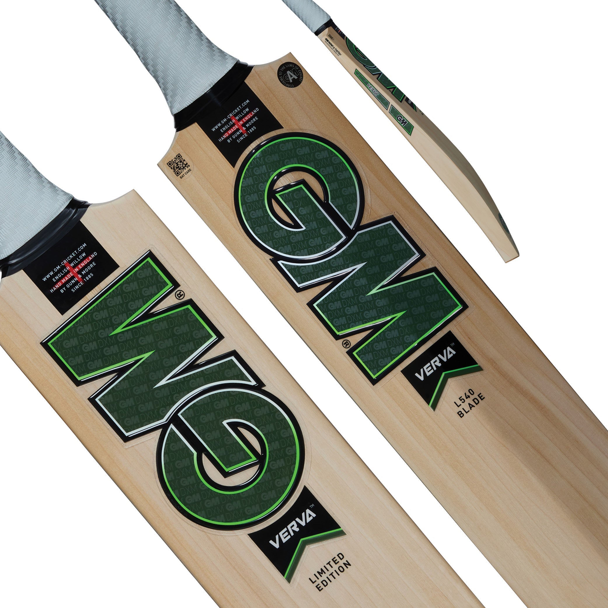 GM Verva Signature English willow cricket bat, short handle, front face with GM logo
