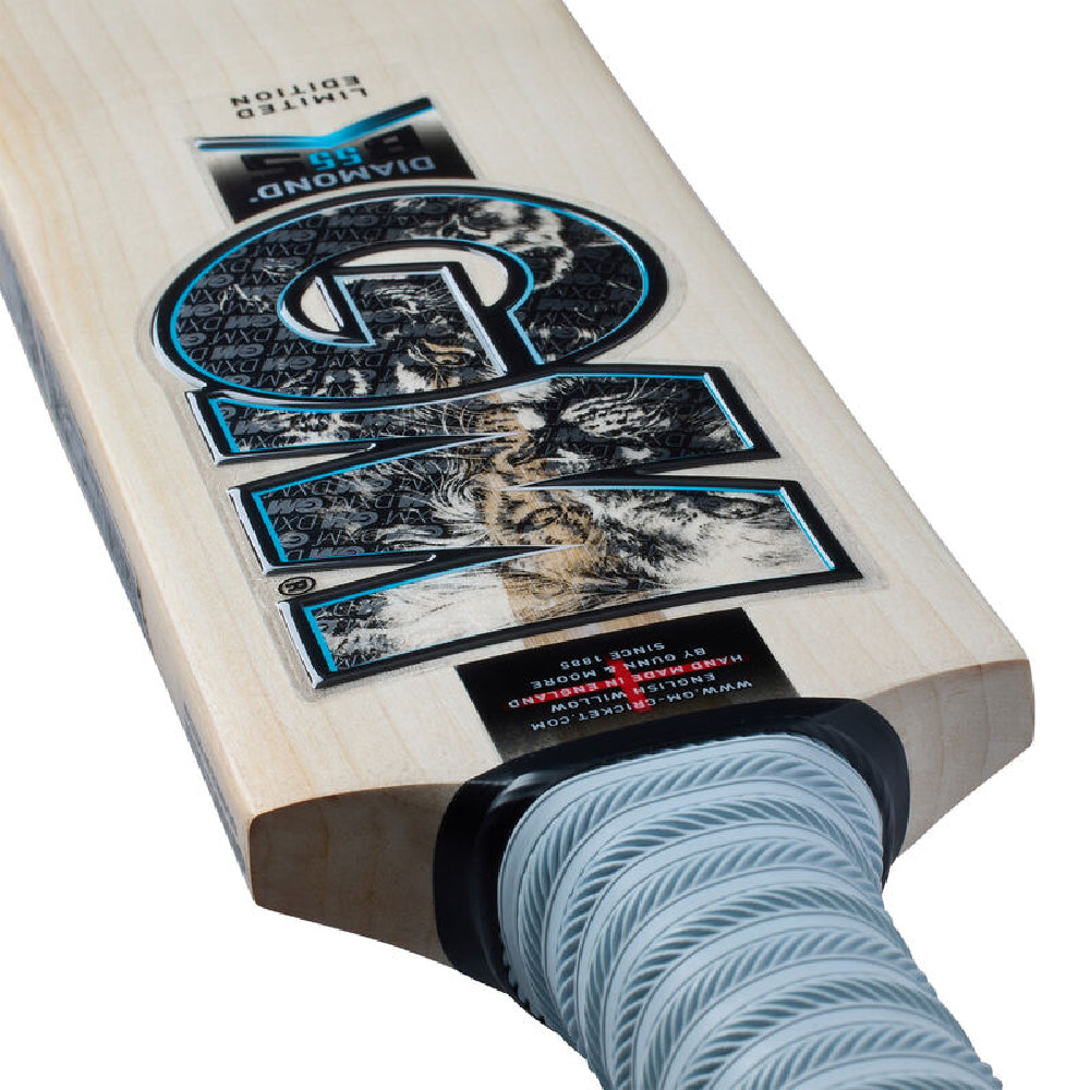 GM Diamond 808 2026 cricket bat close up of blade stickers
