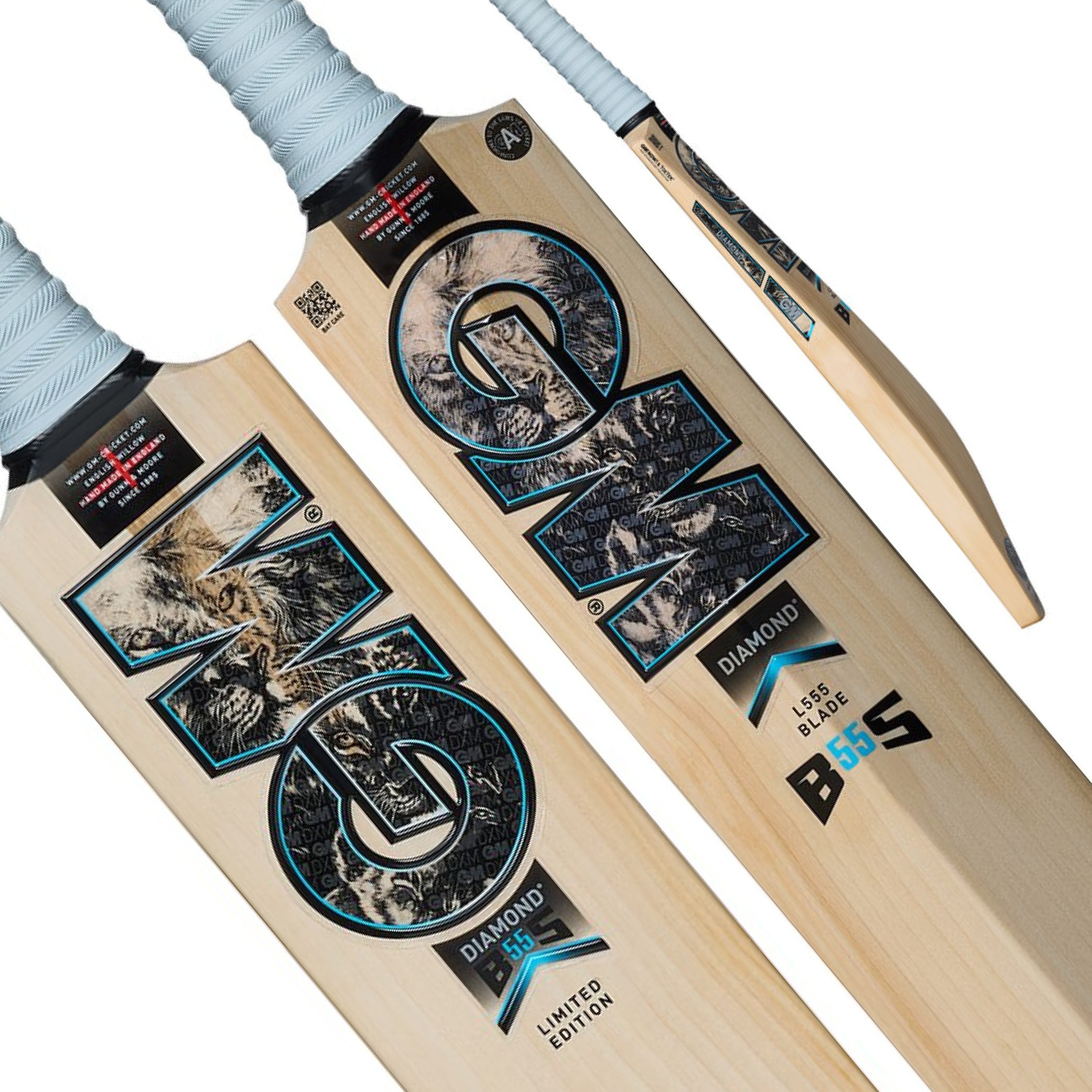 GM Diamond Original 2026 prime English willow cricket bat, short handle, front face with GM logo