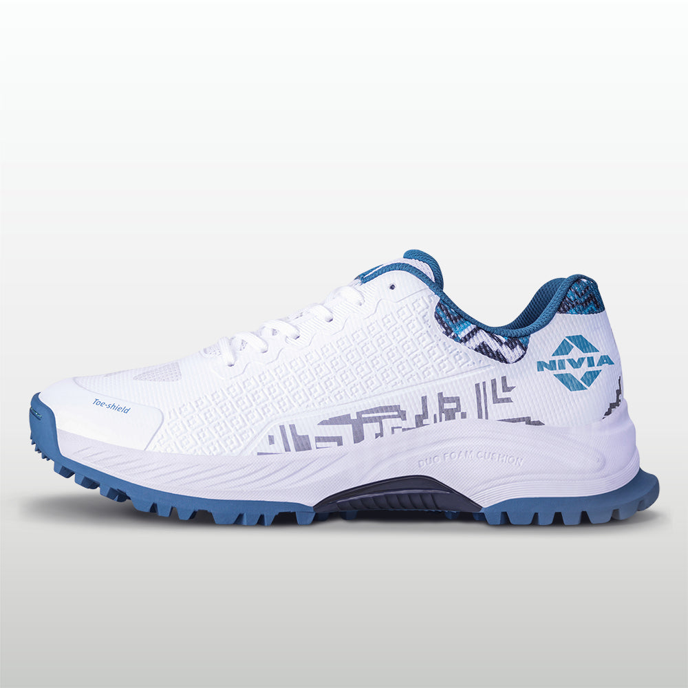 Nivia Crick 1000 2.0 Cricket Shoes - White / Gulf Coast - Lateral View