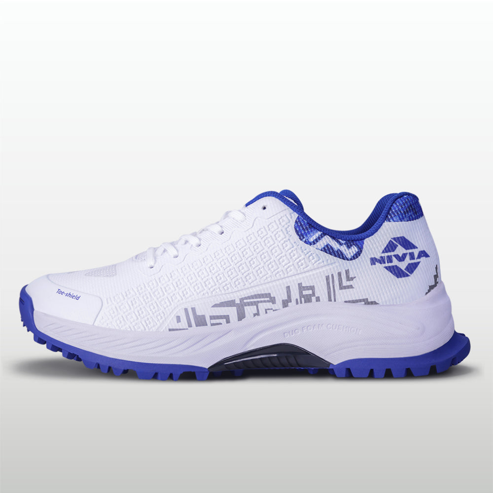 Nivia Crick 1000 2.0 Cricket Shoes - White / Nautical Blue - Lateral View