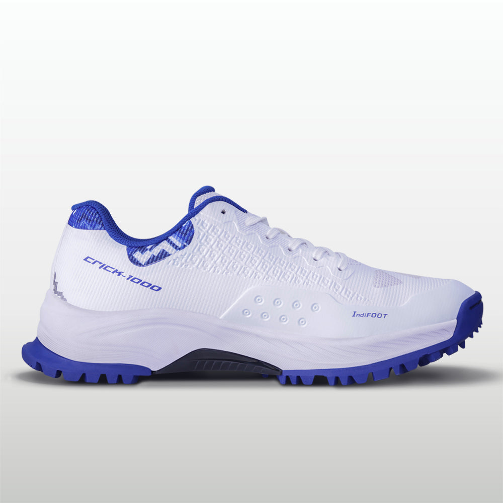 Nivia Crick 1000 2.0 Cricket Shoes - White / Nautical Blue - Medial View