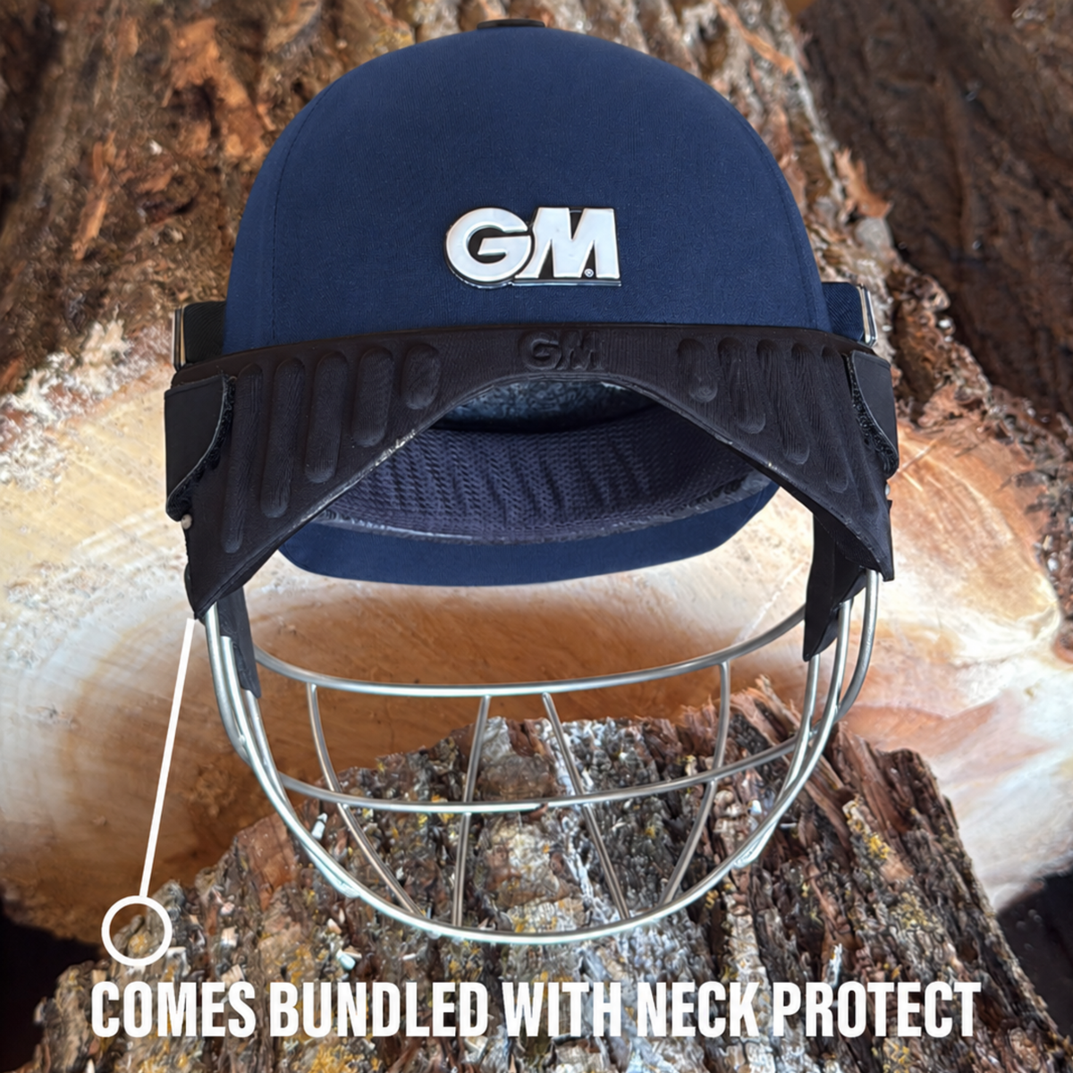 GM Maestro Edge navy cricket helmet shown with the included neck protector fitted