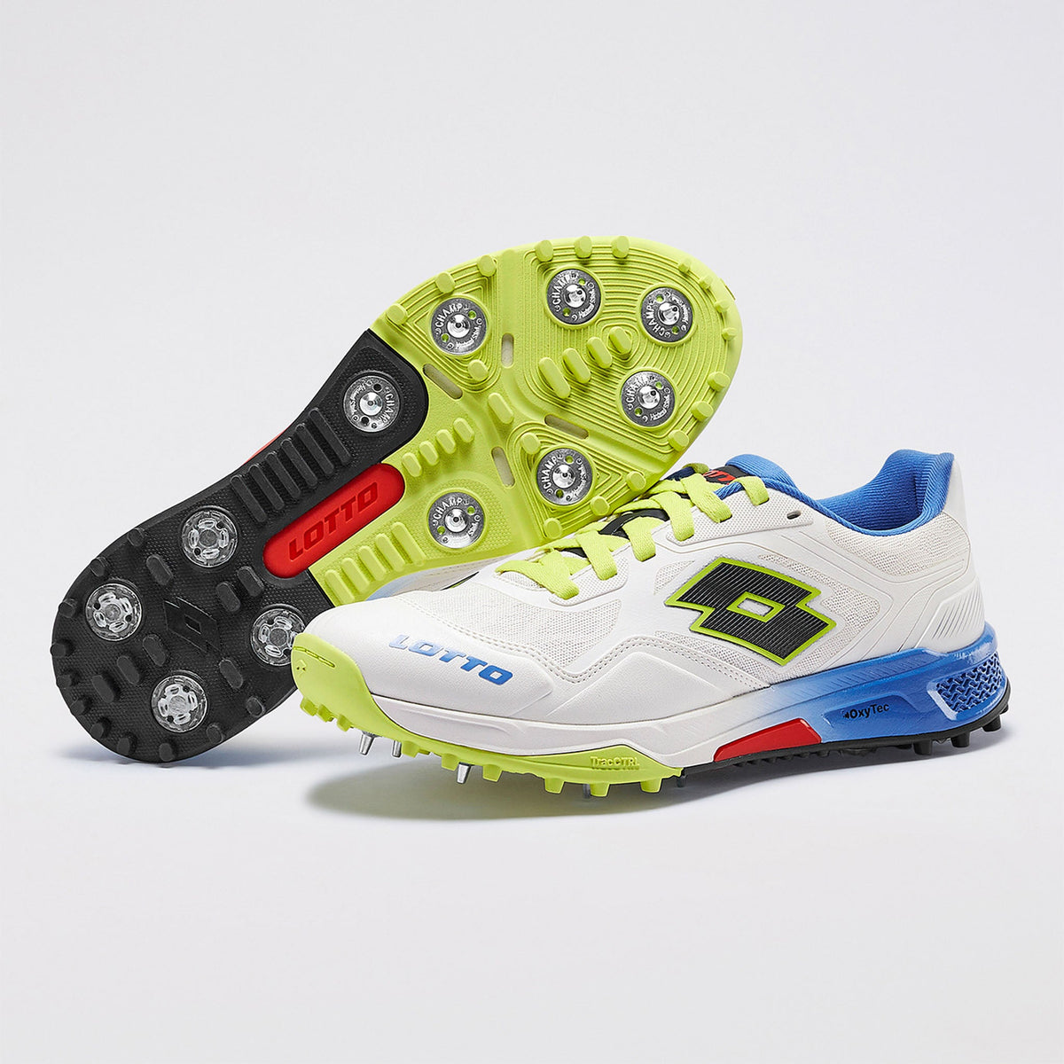 Lotto Super Shot full spike cricket shoes in white, lime and blue - side profile