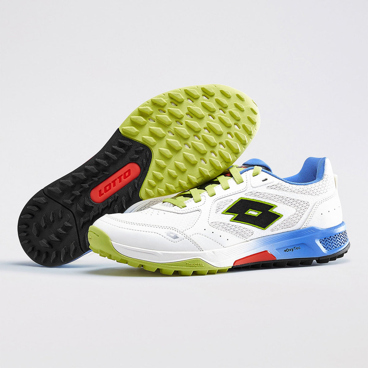 Lotto Blaze Hit rubber sole cricket shoes in white, lime and blue - side profile
