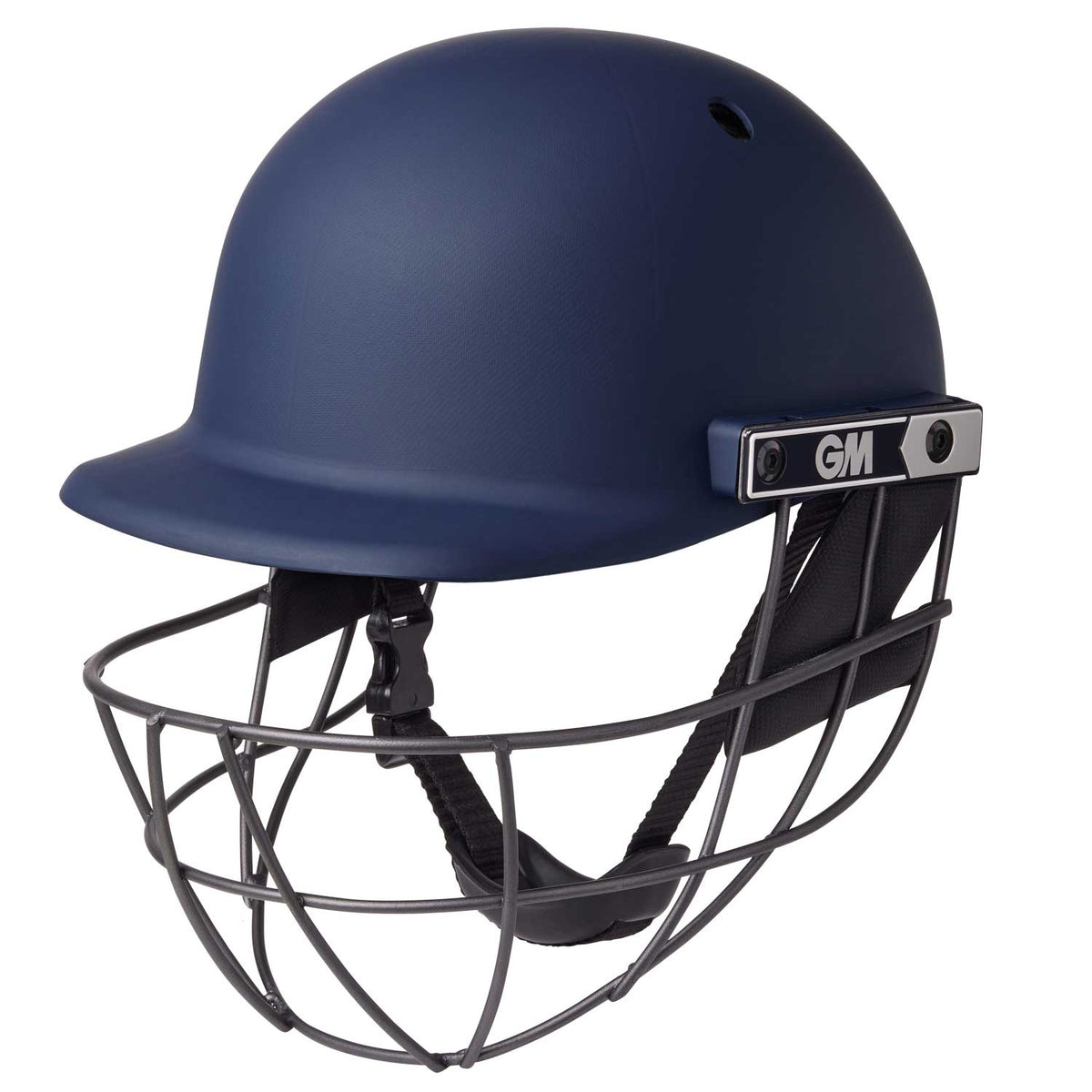 GM Maestro Edge navy cricket helmet with steel grille - three quarter view
