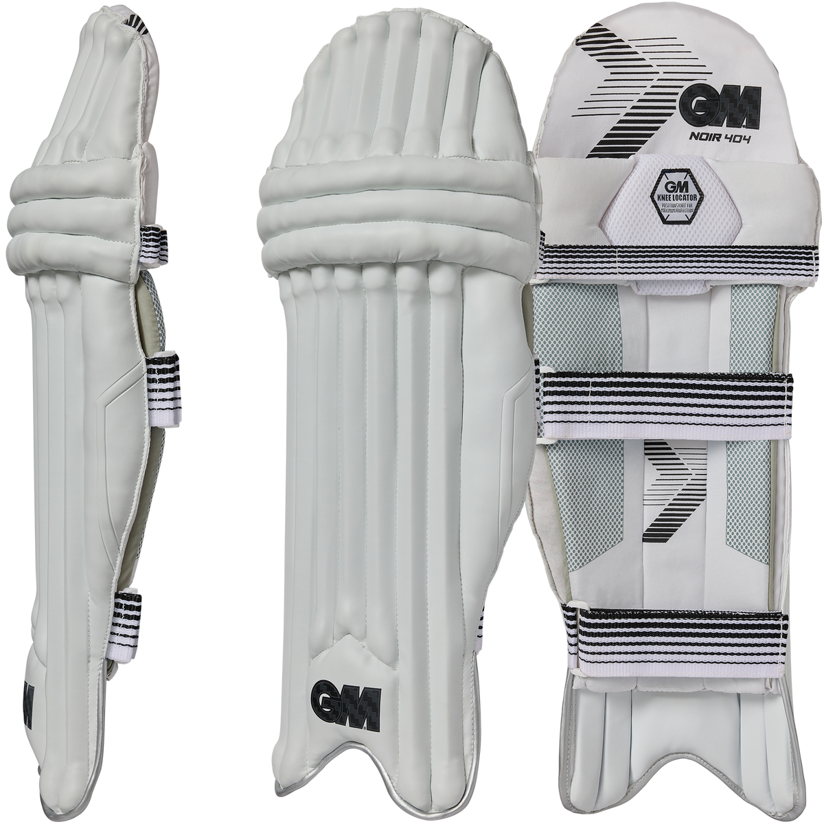 GM Noir 404 adult batting leg guards 2026/27 - pair shown front and side