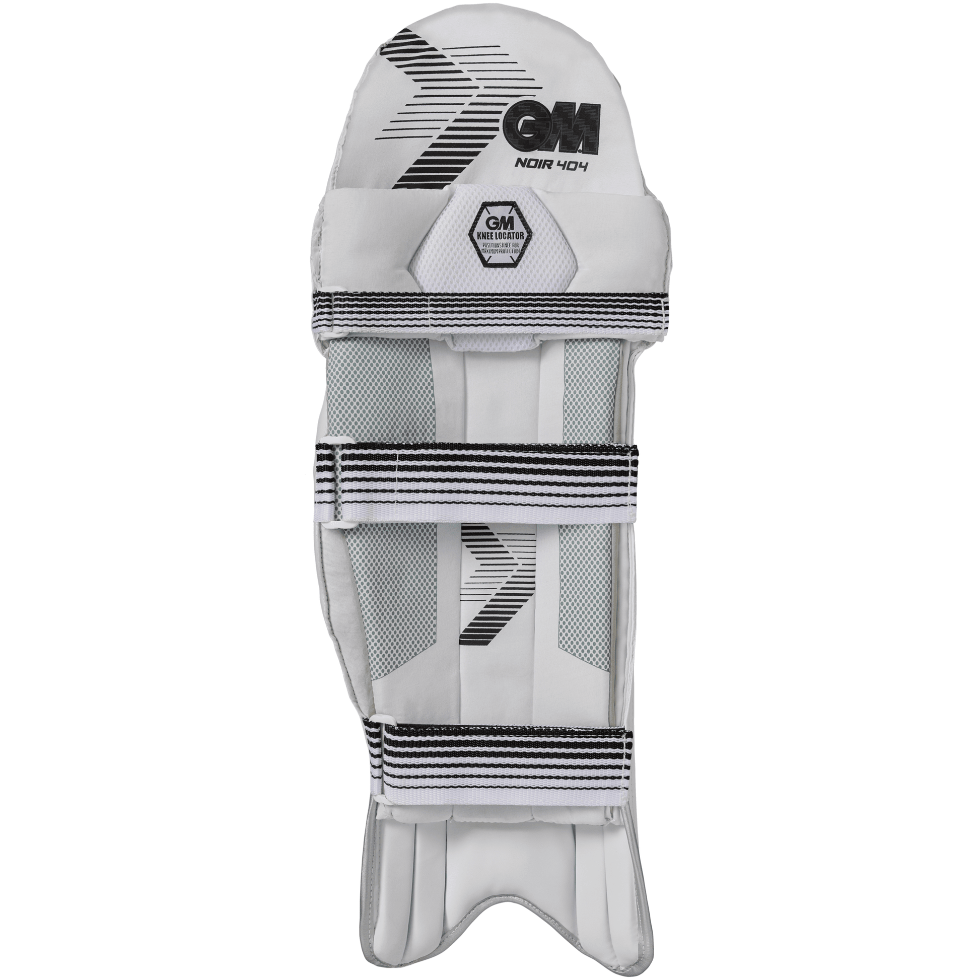 GM Noir 404 batting pad rear view showing three-strap system and interior bolster