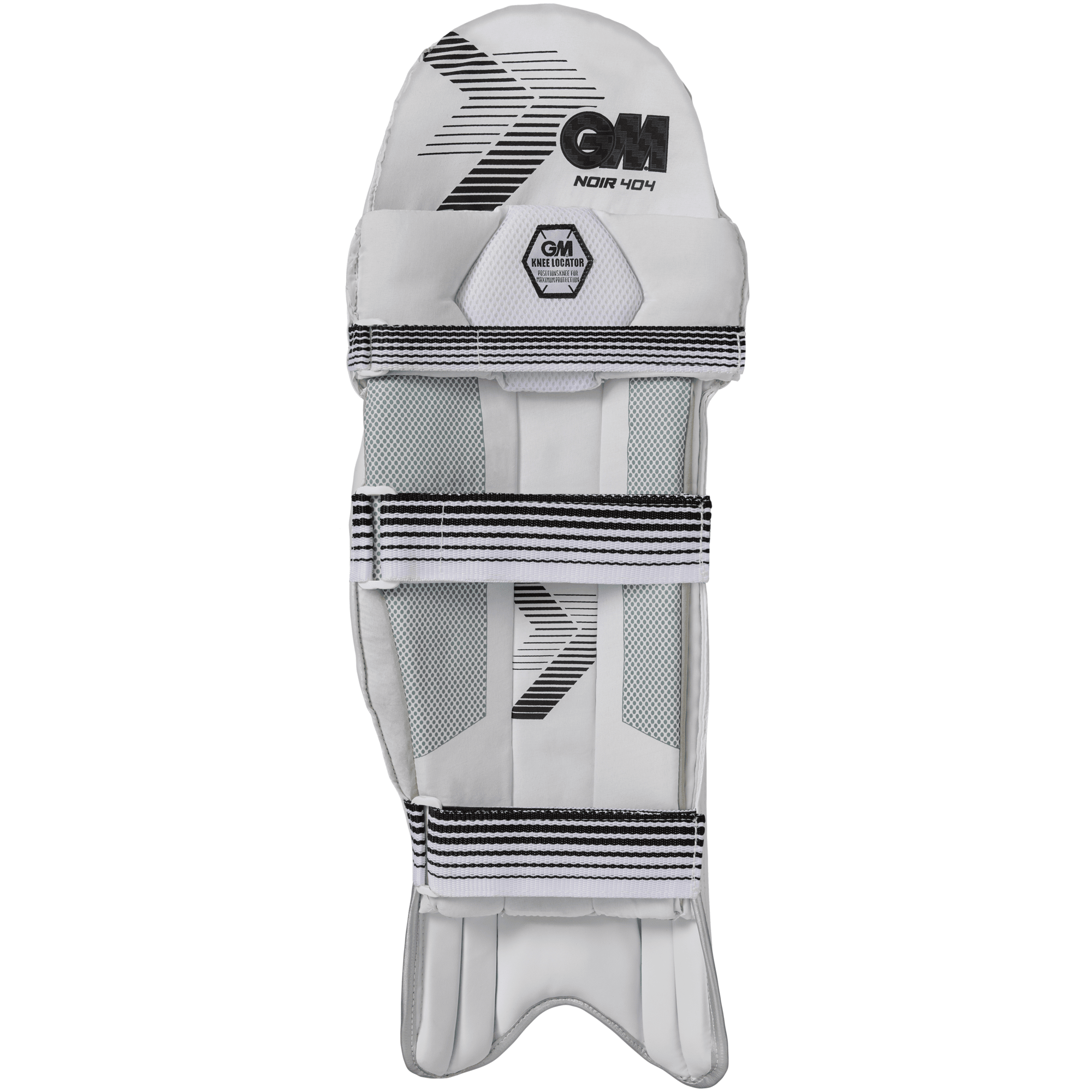 GM Noir 404 batting pad rear view showing three-strap system and interior bolster