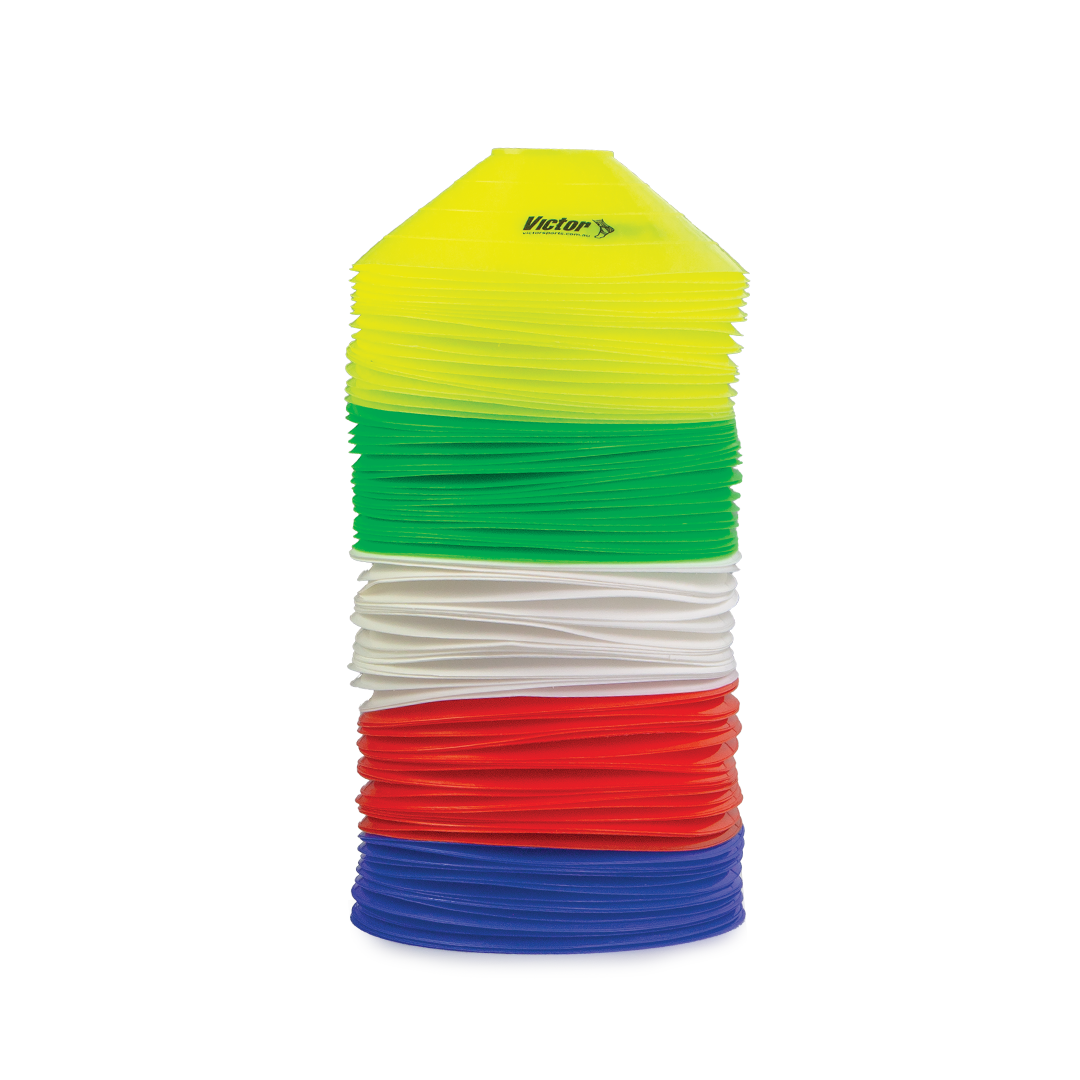 Victor Soft Marker Set of 100 training cones in yellow, green, white, red and blue with carry stand