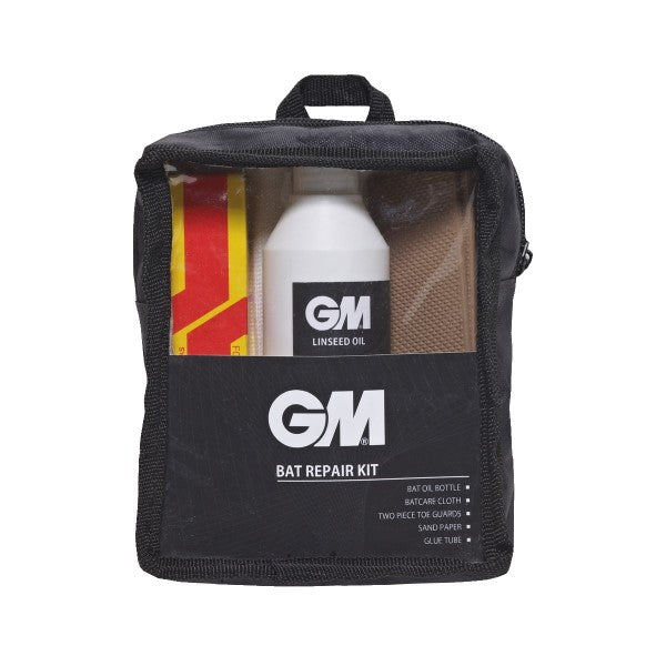 GM cricket bat repair kit contents - bat oil, batcare cloth, sandpaper, glue and two toe guards in a travel bag