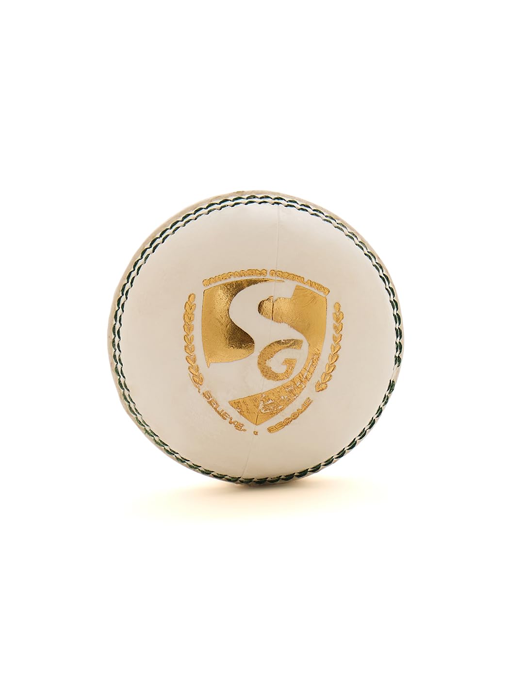 SG Super 50 cricket ball showing machine-stitched seam detail