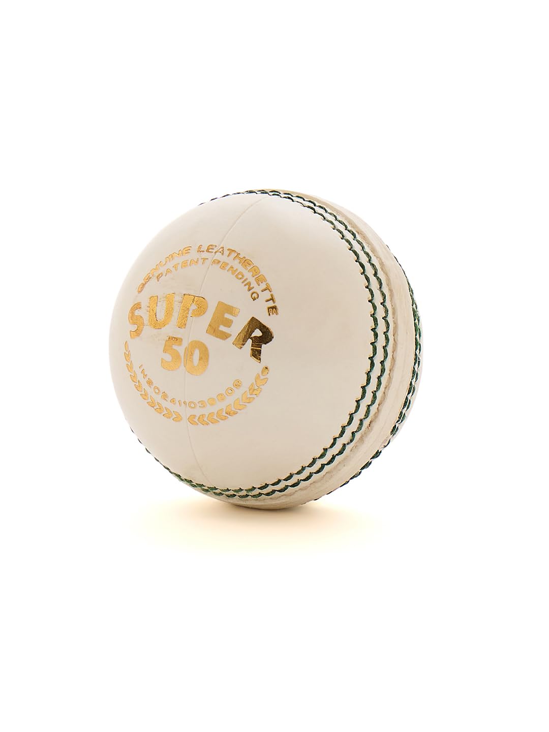 SG Super 50 white cricket ball side profile showing 4-piece construction