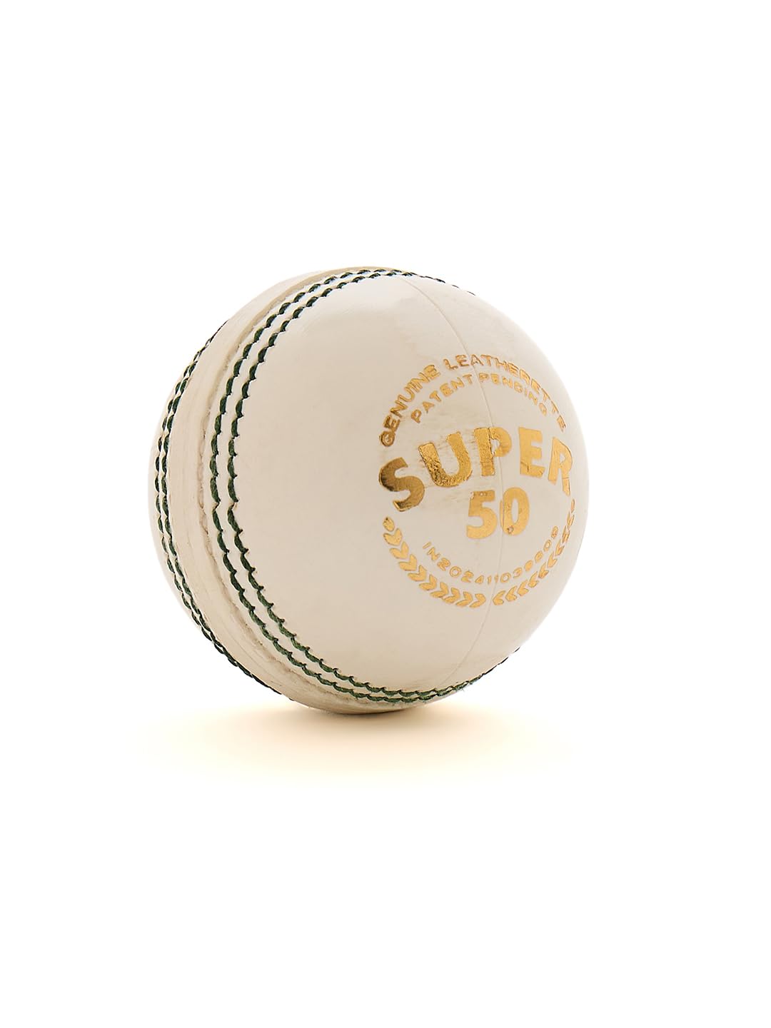SG Super 50 waterproof leatherette cricket ball branding detail